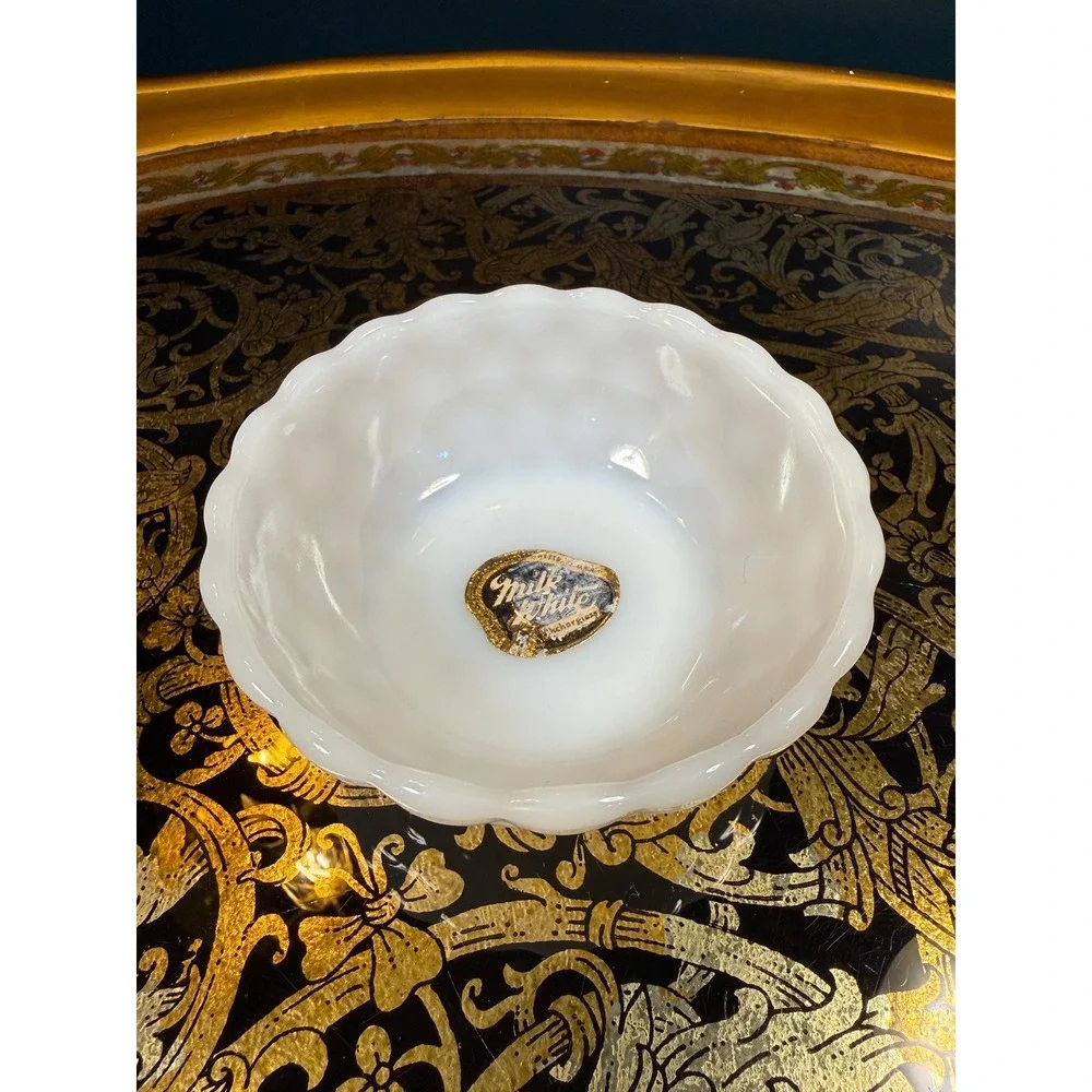 Vintage‎ Milk Glass Bowl with Label | Mid Century Scalloped White Dish 4.5
